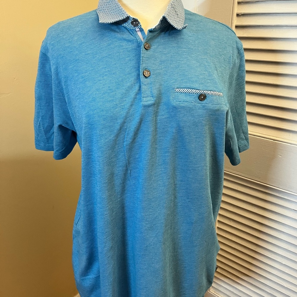 Ted Baker Sky Blue Polo with Patterned Collar short sleeve shirt. Size 5.